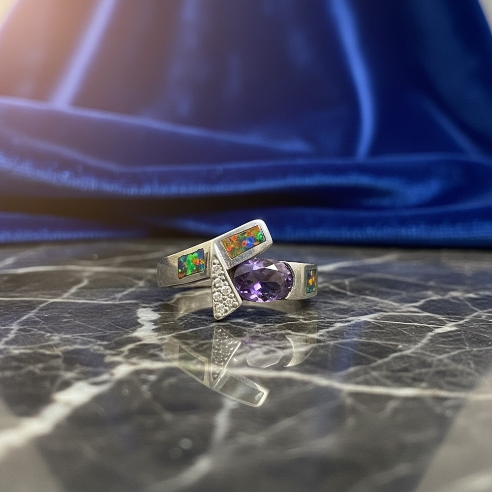 Rare Amethyst Ring with multi color inlay and cz sterling silver - Picture 4 of 6
